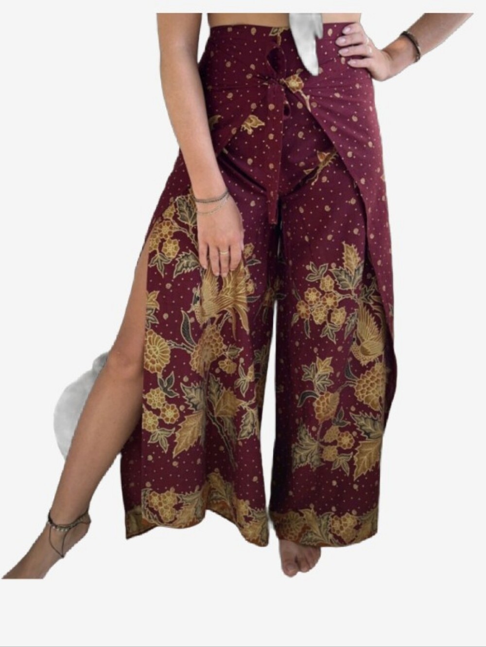 Women’s Wide-Leg Floral Wrap Pants - Burgundy